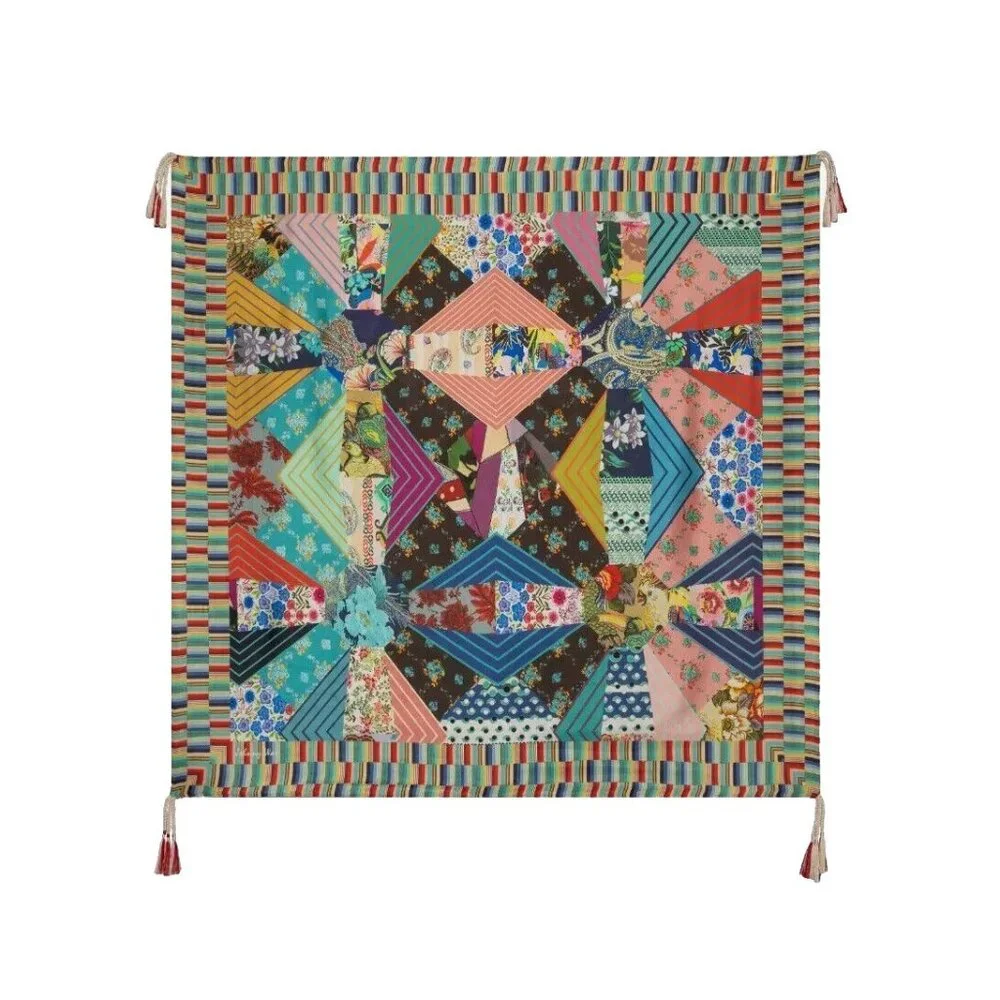 NWT Johnny Was Imagination Scarf in Multi Black Parrot Patchwork Silk Tassel